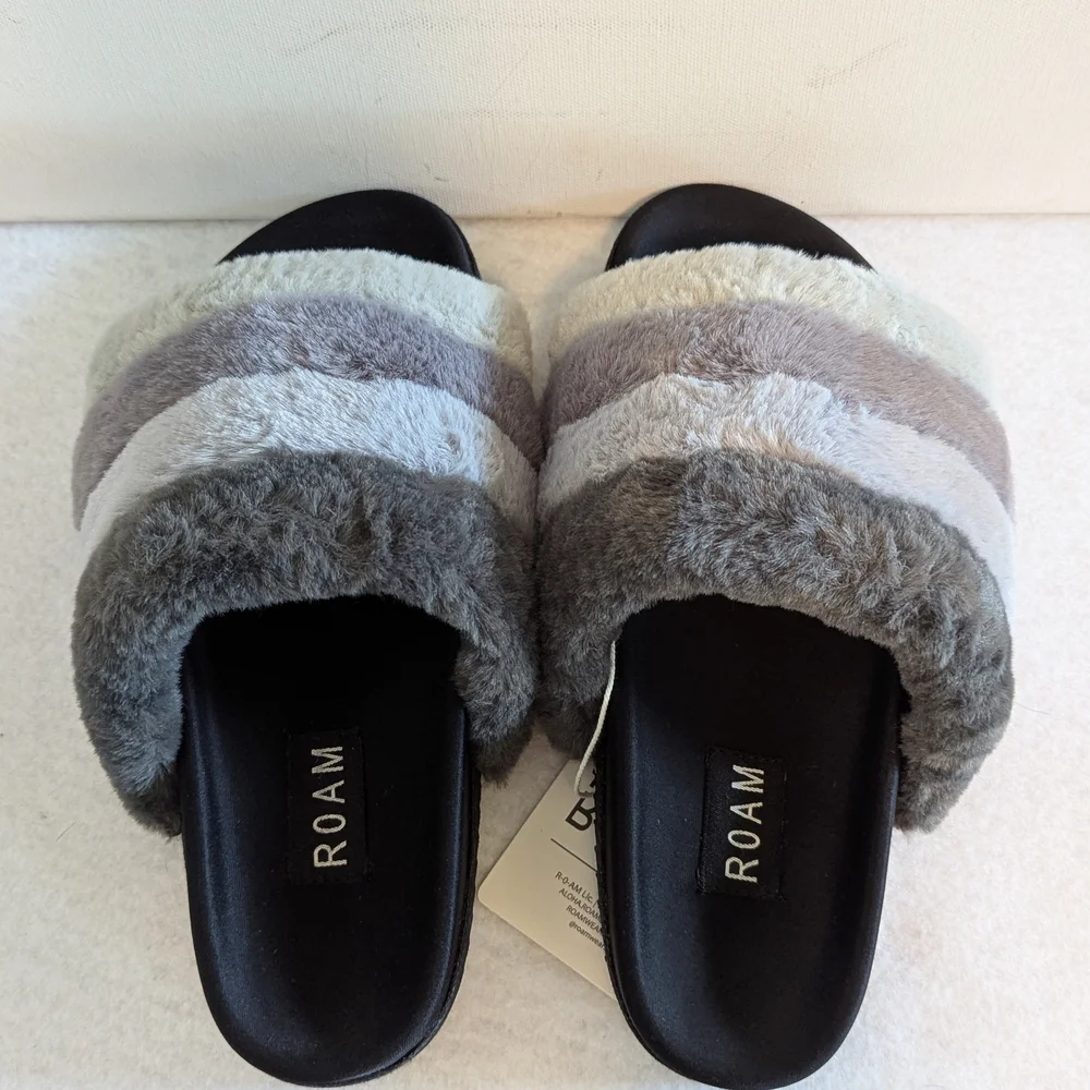 ROAM Furry Striped Slides Sandals Fuzzy Comfy NEW Twilight Prism Greys 6 EU36